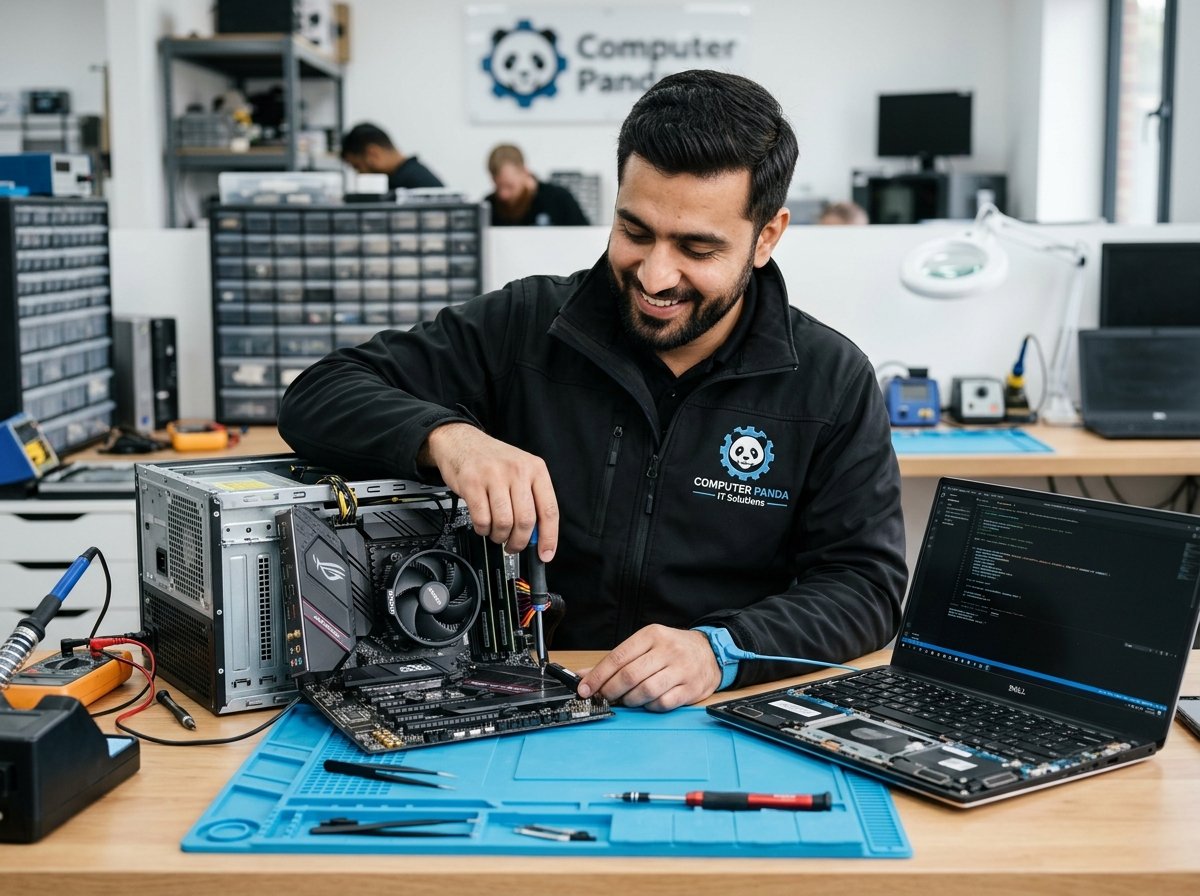 Technician repairing a computer and laptop