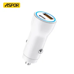 Aspor 38W Dual Aluminum Portable Car Charger QC 3.0 Metal A910
