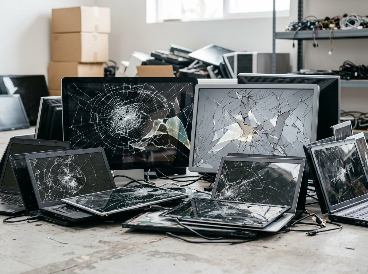 Broken LCDs, desktop monitors, and cracked screens scrap in Lahore